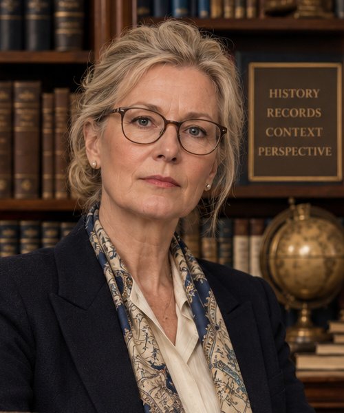 Official portrait of Dr. Eleanor Van Der Berg in the Hall’s historical archives, seated before shelves of bound records, an open volume beneath her hand.