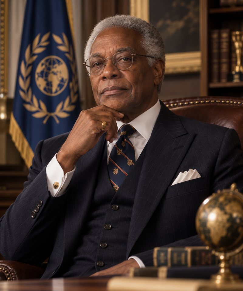Official portrait of Sir Reginald P. Worthington III, seated at his desk in a three-piece pinstripe suit, chin resting on his hand, the Hall’s flag behind him.