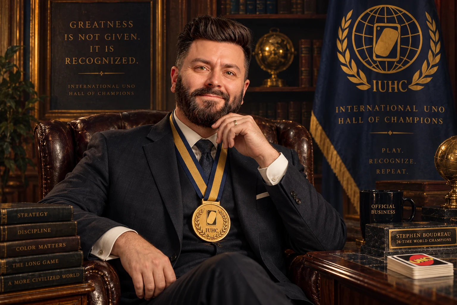 Official ceremonial portrait of Stephen Boudreau, wearing the gold IUHC championship medal